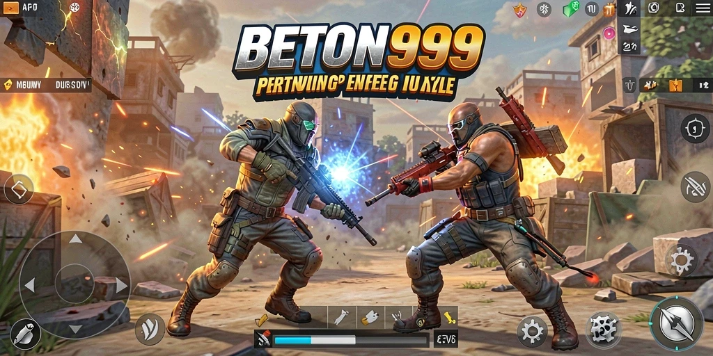 Tangkapan layar utama BETON999 menampilkan aksi mendebarkan dalam pertempuran Battle Royale.