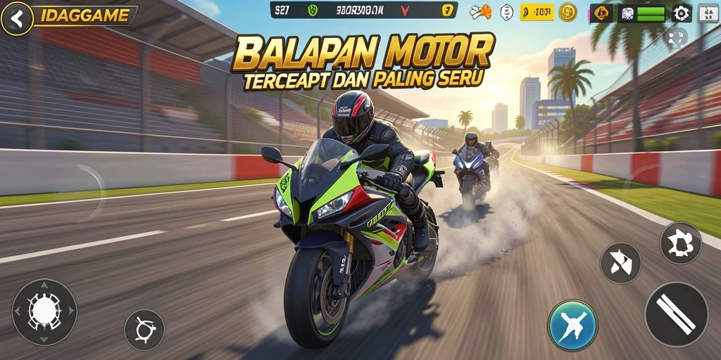 Screenshot gameplay IDAGAME yang menampilkan aksi balapan motor yang seru.