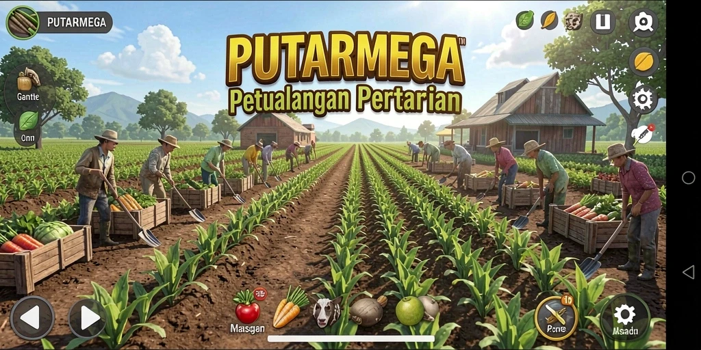 Screenshot PUTARMEGA menampilkan petualangan bertani yang seru dan grafis menarik.