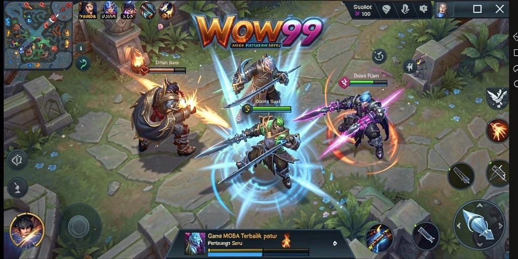 Screenshot gameplay WOW99 yang menampilkan pertempuran seru antar tim.