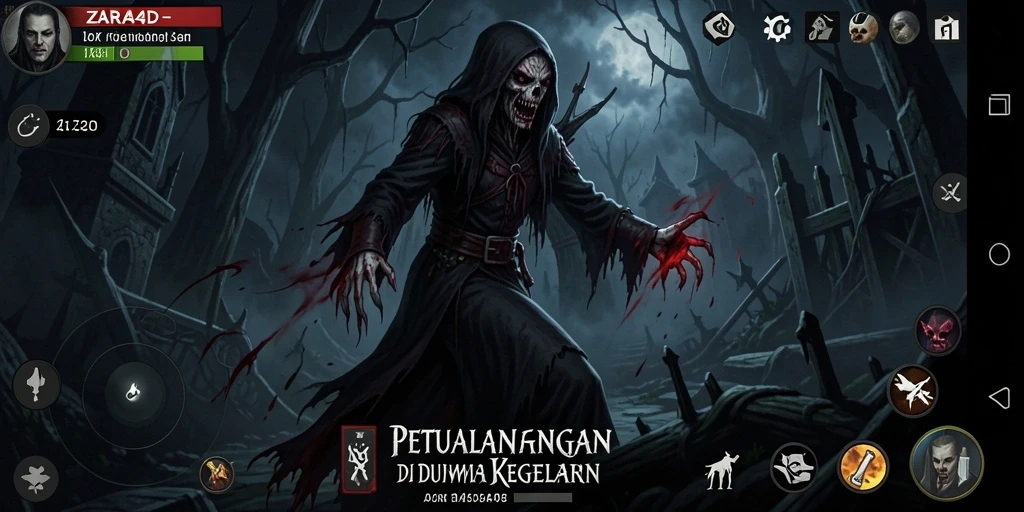 Screenshot gameplay ZARA4D menampilkan suasana mendebarkan dalam kegelapan.
